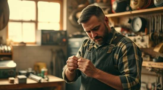 vintage handyman repair, focused, tinkering, photorealistic, in a cluttered garage filled with various gadgets, highly detailed, subtle particles of dust in the air, HDR quality, sepia tones, natural sunlight coming through a window, shot with a 50mm prime lens