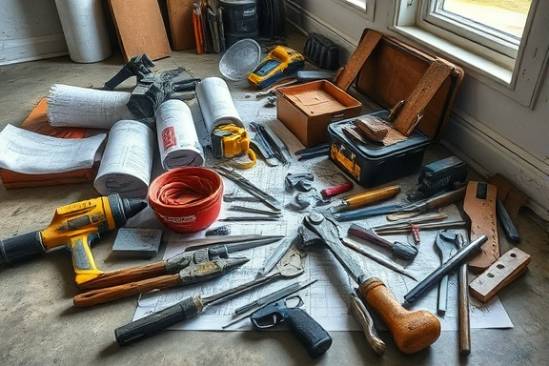 busy handyman equipment, sorted, utilizing, photorealistic, on a concrete floor with blueprints scattered around, highly detailed, grit and signs of use on tools, high-resolution sharpness, neutral earth tones, natural window lighting, shot with a telephoto lens