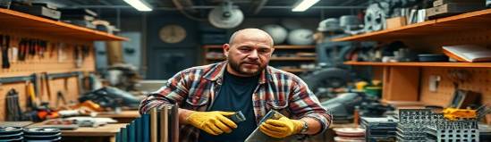 energetic handyman workshop, dynamic, innovating, photorealistic, surrounded by various prototypes in progress, highly detailed, movement and clutter essence, 4K definition, vibrant mixed colors, spotlights focused, shot with a panoramic lens