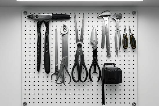 minimalistic handyman equipment, zen, organizing, photorealistic, on a sleek pegboard in a minimalist studio, highly detailed, clean lines and modern design, ultra-clean detail, monochrome with metallic accent, LED overhead lighting, shot with a macro lens