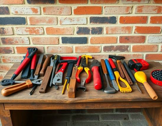 vibrant handyman tools, colorful, arranging, photorealistic, scattered on an old timber bench against a brick wall, highly detailed, energy and creativity in arrangement, high-detailed output, mix of bright and dark tones, indirect natural lighting, shot with a 24mm lens